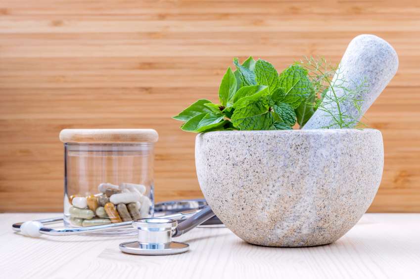 Mortar & Pestle w/ Herbs and Supplements
